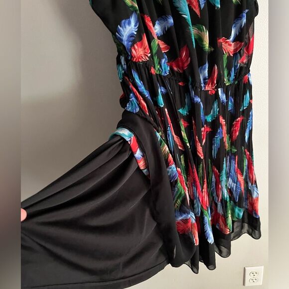 American Rag XL Feather Print Dress Black Pleated Sleeveless Boho Chic - Picture 6 of 8